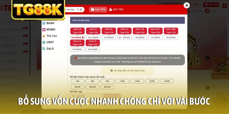Bổ sung vốn cược nhanh chóng chỉ với vài bước Bổ sung vốn cược nhanh chóng chỉ với vài bước