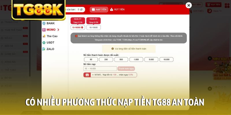 Có nhiều phương thức nạp tiền TG88 an toàn Có nhiều phương thức nạp tiền TG88 an toàn