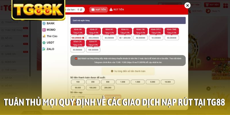 Tuân thủ mọi quy định về các giao dịch nạp rút tại TG88